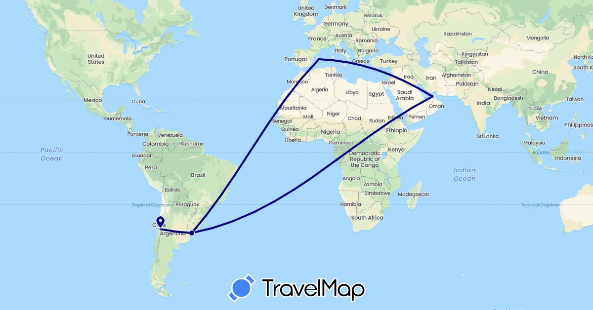 TravelMap itinerary: driving in United Arab Emirates, Chile, Spain, Uruguay (Asia, Europe, South America)